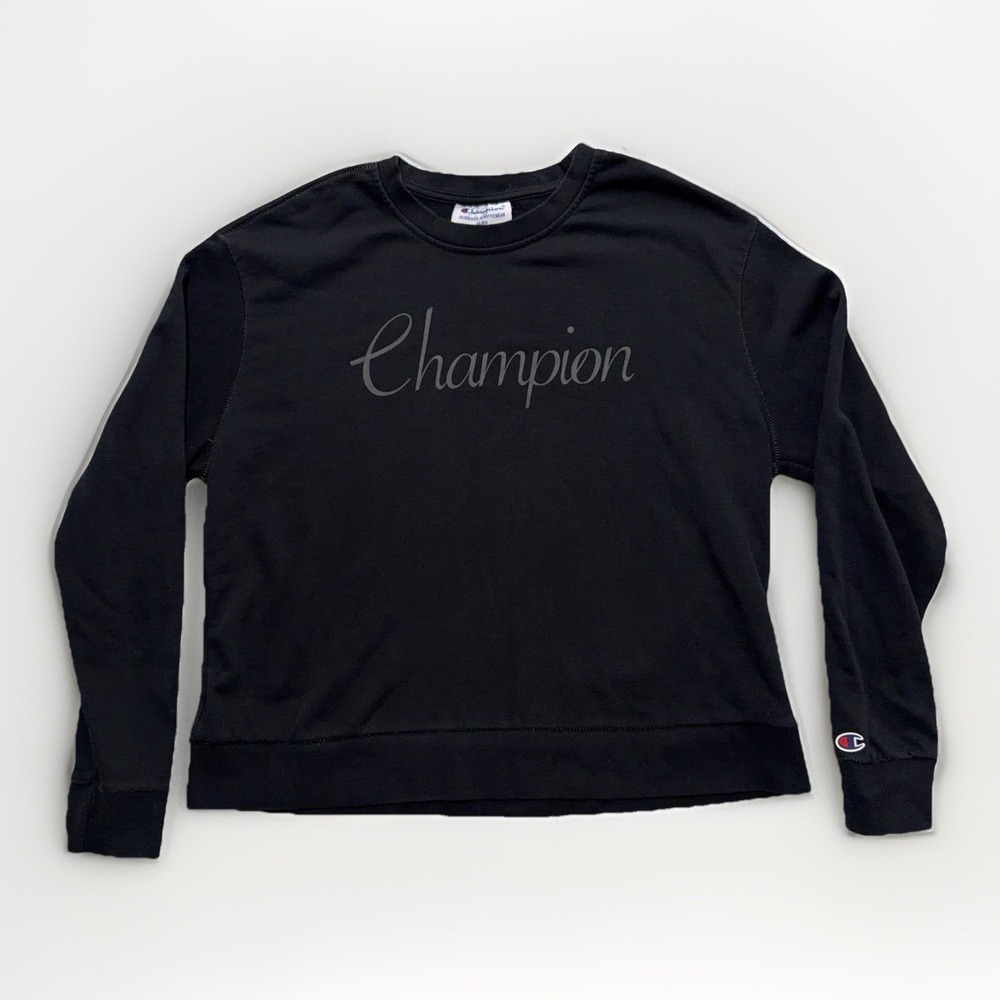 Vintage Champion Women's Black Logo Crewneck Pullover Sweatshirt XL Athletic